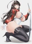  1girl absurdres ahoge black_hair black_thighhighs blue_eyes breasts closed_mouth covered_navel gloves high_heels highres katana large_breasts long_hair original pointy_ears simple_background sword thick_thighs thighhighs thighs very_long_hair weapon white_gloves zzo_(chorizzzzo) 