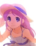  1girl bare_shoulders closed_mouth copyright_request dress hat long_hair looking_at_viewer pink_hair purple_eyes sekina simple_background smile solo straw_hat sundress upper_body white_background 