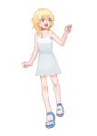  1girl :d blonde_hair blue_eyes blue_footwear collarbone commentary crayon dress highres holding holding_crayon kingdom_hearts long_hair melkymelkii namine open_mouth sandals simple_background smile solo toes walking white_background white_dress 