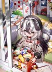  1girl absurdres breasts bronya_zaychik bronya_zaychik_(herrscher_of_truth) chair chips_(food) closed_mouth cola computer coralie_(honkai_impact) food grey_hair guaili_shu hair_between_eyes highres homu_(honkai_impact) honkai_(series) honkai_impact_3rd indoors microwave multicolored_hair paper plant refrigerator second-party_source shoes small_breasts snack solo trash_can trophy window 