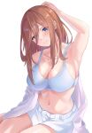  1girl arm_behind_head arm_up armpits bare_shoulders blue_bra blue_eyes blue_shorts blush bra breasts brown_hair cleavage closed_mouth collarbone commentary_request go-toubun_no_hanayome hair_between_eyes highres large_breasts long_hair long_hair_between_eyes looking_at_viewer nakano_miku navel open_clothes shirt shirt_partially_removed short_shorts shorts simple_background sitting smile solo underwear uyufuzi_s white_background white_shirt white_shorts 