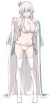  1girl anastasia_(fate) ass_visible_through_thighs bangs bare_shoulders bikini blue_eyes blush breasts cleavage collarbone contrapposto fate/grand_order fate_(series) full_body gloves hair_ornament hair_over_one_eye hairband holding large_breasts legs_apart long_hair looking_at_viewer navel no_shoes pale_skin ribbon robe royal_robe shiseki_hirame side-tie_bikini silver_hair simple_background smile solo standing swimsuit thighhighs very_long_hair white_background white_bikini white_legwear 