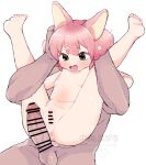  1boy 1girl animal_ears bar_censor blush censored completely_nude green_eyes legs_up nakajima_lupus navel nipples nude open_mouth original penis pink_hair pussy rabbit_ears rabbit_girl restrained short_hair simple_background solo_focus spread_legs white_background 