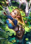  1girl arms_up ass blonde_hair breasts fingerless_gloves flower gloves green_eyes highres horse leaf liang_xing lily_pad long_hair looking_up medium_breasts pants parted_lips partially_submerged pointy_ears princess_zelda standing the_legend_of_zelda the_legend_of_zelda:_breath_of_the_wild tight tight_pants water wet wet_clothes 