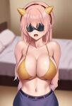  1girl arms_behind_back bed bedroom belt bikini bikini_top_only black_belt blue_skirt blurry blurry_background blush breasts brown_eyes cleavage collarbone commentary_request demon_horns fake_horns horns huyumitsu indoors large_breasts long_hair looking_at_viewer navel open_mouth original pillow pink_hair skirt sleep_mask solo standing swimsuit tongue yellow_bikini 