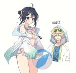  1boy 1girl :3 ahoge animal_ears arknights ball beachball bikini black_hair blonde_hair blue_shirt blush breasts cleavage dog_boy dog_ears extra_ears feather_hair floppy_ears goggles goggles_around_neck green-tinted_eyewear hair_between_eyes hair_intakes hair_ornament hairclip highres holding holding_ball holding_beachball hood hood_up hooded_jacket jacket jacket_over_swimsuit jewelry la_pluma_(arknights) la_pluma_(summer_flowers)_(arknights) long_hair looking_at_viewer medium_breasts necklace official_alternate_costume open_clothes open_jacket purple_eyes shirt short_hair side-tie_bikini_bottom simple_background step-siblings swimsuit tequila_(arknights) thick_eyebrows tinted_eyewear white_background white_bikini yoshikichi 