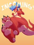  3_toes absurd_res anthro blue_hair butt claws dali-puff feet female hair hi_res jiggly_juggle_(oc) kangaroo low-angle_view macropod mammal marsupial nude pawpads red_body solo toe_claws toes 