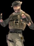  1boy absurdres beard belt black_background black_belt black_gloves black_shirt blue_eyes brown_hair brown_pants bulletproof_vest call_of_duty call_of_duty:_modern_warfare_2 captain_price closed_mouth coni0771 facial_hair fingerless_gloves gloves hat highres male_focus mature_male pants shirt short_hair simple_background solo 