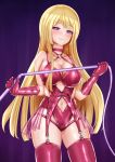  1girl armpit_crease assault_lily bare_shoulders blonde_hair blunt_ends blush bondage_outfit breasts cleavage closed_mouth commentary_request cross-laced_clothes dominatrix elbow_gloves garter_straps gloves gradient_background highres holding holding_whip imai_tomohiro large_breasts long_hair looking_at_viewer miyagawa_takane navel o-ring o-ring_top pink_gloves pink_thighhighs purple_background purple_eyes see-through smile solo standing thighhighs very_long_hair whip 