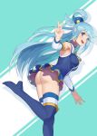  1girl :d aqua_(konosuba) ass bare_shoulders beads blue_eyes blue_footwear blue_hair boots breasts commentary detached_sleeves english_commentary foot_up hair_beads hair_ornament hair_rings high_heel_boots high_heels highres kono_subarashii_sekai_ni_shukufuku_wo! large_breasts long_hair looking_at_viewer no_panties open_mouth simple_background smile solo spiffydc standing standing_on_one_leg thigh_boots thighhighs thighhighs_under_boots twitter_username v very_long_hair 