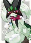  1girl :d body_fur furry furry_female green_fur green_hair grey_background highres looking_at_viewer mask meowscarada nata_de_coco_(pankptomato) open_mouth pokemon pokemon_(creature) red_eyes sitting smile solo 