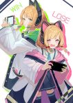  2girls animal_ear_headphones animal_ears black_skirt black_thighhighs blonde_hair blue_archive blue_necktie blush bow cat_ear_headphones commentary commentary_request fake_animal_ears fake_tail fang green_eyes hair_bow handheld_game_console headphones highres holding holding_handheld_game_console jacket long_sleeves looking_at_viewer low-tied_sidelocks midori_(blue_archive) momoi_(blue_archive) multiple_girls necktie nintendo_switch open_mouth pink_eyes segawa_luna shirt short_hair siblings sisters skirt tail thighhighs twins white_jacket white_shirt 