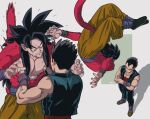  2boys belt black_hair black_pants blue_belt boots brown_gloves clenched_teeth closed_mouth crossed_arms dragon_ball dragon_ball_gt fecaa fingerless_gloves gloves highres large_pectorals long_hair looking_at_another male_focus monkey_boy monkey_tail multiple_boys muscular muscular_male orange_pants pants pectorals red_shirt shirt short_hair son_goku spiked_hair tail teeth vegeta yaoi 