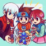  3girls 6+boys android black_hair blonde_hair blue_eyes blunt_bangs bow brown_hair eugene_chaud_(mega_man) green_bow hair_bow highres jacket lan_hikari_(mega_man) laser-lance long_hair mayl_sakurai_(mega_man) mega_man_(character) mega_man_(classic) mega_man_(series) mega_man_battle_network_(series) megaman.exe multicolored_hair multiple_boys multiple_girls open_mouth parted_lips pink_hair pink_skirt pleated_skirt proto_man protoman.exe red_jacket roll.exe_(mega_man) roll_(mega_man) short_hair short_ponytail skirt smile teeth upper_teeth_only white_hair 