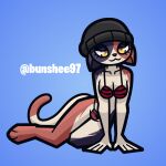 absurd_res anthro beanie bikini breasts bunshee_arts calico_cat clothing domestic_cat epic_games felid feline felis female fortnite fur half-closed_eyes hat headgear headwear hi_res mammal meow_skulls_(fortnite) multicolored_body multicolored_fur narrowed_eyes pose simple_background solo swimwear text yellow_eyes