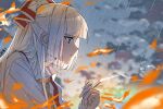  1girl :/ artist_name blunt_bangs bow chinese_commentary cigarette closed_mouth cloud commentary_request fire from_side fujiwara_no_mokou haihaihaiovo hair_bow holding holding_cigarette light_blush long_hair necktie outdoors ponytail profile rain red_bow red_eyes shirt smoke smoking solo touhou two-tone_bow upper_body water_drop white_bow white_hair white_shirt yellow_necktie 
