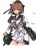  1girl adapted_turret binoculars black_sailor_collar brown_eyes brown_hair cannon commentary_request cowboy_shot dress flower grey_neckerchief hair_flower hair_ornament headgear kantai_collection long_sleeves neckerchief open_mouth sailor_collar sailor_dress short_hair simple_background solo speaking_tube_headset standing turret white_background white_dress yukikaze2828 yukikaze_(kancolle) yukikaze_kai_ni_(kancolle) 