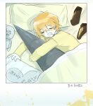  1girl bed_sheet blanket blonde_hair closed_eyes don_quixote_(project_moon) drooling highres hugging_object lance limbus_company munyeom_001 on_bed open_mouth polearm project_moon shoes short_hair sleeping solo weapon 