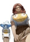  2girls absurdres blue_eyes blue_hair breasts brown_eyes brown_hair denim denim_shorts elden_ring flat_chest flushed_face_emoji flushed_face_emoji_shirt_(meme) hat highres large_breasts long_hair melina_(elden_ring) meme miao_jiangyou monster_girl multiple_girls one_eye_closed ranni_the_witch shorts simple_background skirt thighs white_background witch_hat 