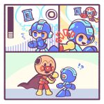  !? 2boys android anpanman anpanman_(character) blue_eyes brown_cape cape energy_tank flying_sweatdrops health_bar highres laser-lance mega_man_(character) mega_man_(classic) mega_man_(series) multiple_boys open_mouth proto_man smile thought_bubble 