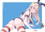  1girl anchor_hair_ornament ass black_hairband black_neckerchief black_panties blonde_hair blue_background blue_sailor_collar blue_skirt commentary_request crop_top elbow_gloves gloves grey_eyes hair_ornament hairband highleg highleg_panties kantai_collection kukimaru long_hair looking_at_viewer looking_back microskirt miniskirt neckerchief panties pleated_skirt sailor_collar shimakaze_(kancolle) shirt skirt sleeveless sleeveless_shirt solo striped_clothes striped_thighhighs thighhighs twitter_username two-tone_background underwear white_gloves 