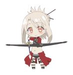  1girl arrow_(projectile) blush boots bow_(weapon) chibi closed_mouth crop_top fate/kaleid_liner_prisma_illya fate_(series) flat_chest full_body hair_between_eyes holding holding_arrow holding_bow_(weapon) holding_weapon illyasviel_von_einzbern jacket light_smile long_hair long_sleeves looking_at_viewer midriff navel official_art red_eyes red_skirt simple_background skirt solo standing weapon white_background white_hair 