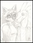  2020 anthro bedroom_eyes black_border border breasts canid canine clothed clothing dinosaur dreamkeepers eyes_closed female fox fur greyscale hair hal_adhil jacket male male/female mammal miri_rodgers monochrome narrowed_eyes open_clothing open_jacket open_topwear rearmeddreamer reptile scalie seductive smile solo the_wayward_astronomer topwear 