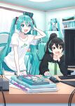  2girls absurdres alternate_costume arm_support black_eyes black_hair black_shirt book book_stack bookshelf commentary curtains excited figure green_eyes green_hair green_shorts hand_on_own_head happy hatsune_miku head_rest headphones highres holding holding_book indoors itogari keyboard_(computer) long_sleeves master_(vocaloid) microphone monitor mouse_(computer) mousepad_(object) multiple_girls open_mouth pencil_case ponytail poster_(object) shirt shorts sitting smile spring_onion_print standing t-shirt twintails upper_body vocaloid white_shirt window 