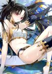  1girl anklet armlet bikini black_hair black_thighhighs blue_sky blush bracelet breasts detached_sleeves earrings fate/grand_order fate_(series) gold_trim hair_ribbon heavenly_boat_maanna highres hoop_earrings ishtar_(fate) jewelry kino_kokko long_hair looking_at_viewer medium_breasts mismatched_bikini navel neck_ring open_mouth parted_bangs red_eyes ribbon single_detached_sleeve single_thighhigh sky solo swimsuit thighhighs thighlet thighs tiara two_side_up 