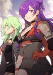  2girls armor black_choker black_skirt breasts byleth_(female)_(fire_emblem) byleth_(fire_emblem) choker cleavage clothing_cutout cloud collarbone commentary_request enlightened_byleth_(female) fire_emblem fire_emblem:_three_houses fire_emblem_warriors:_three_hopes gloves green_eyes green_hair grey_shirt grin hair_bun hair_over_one_eye half_updo hand_on_own_hip highres large_breasts long_hair looking_at_viewer medium_breasts miniskirt multiple_girls navel navel_cutout orange_gloves outdoors partial_commentary peach11_01 purple_eyes purple_hair shez_(female)_(fire_emblem) shez_(fire_emblem) shirt shoulder_armor single_hair_bun skirt smile upper_body 