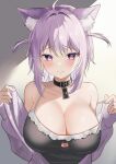  1girl animal_ears bare_shoulders black_shirt breasts cat_cutout cat_ears cleavage clothing_cutout collar collarbone eyelashes god_crop_master highres hololive huge_breasts nekomata_okayu_(7th_costume) purple_eyes purple_hair shirt short_hair slit_pupils solo 