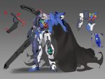  absurdres cloak damaged energy_gun gn_drive green_eyes grey_background gun gundam gundam_00_sky gundam_build_divers highres holding holding_gun holding_weapon mecha multiple_views no_humans redesign v-fin weapon zhu_fun 