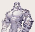  1boy abs animal_ears arknights bara blue_eyes commentary_request furry furry_male highres kerogi_haku large_pectorals male_focus mixed-language_commentary mountain_(arknights) multiple_scars muscular muscular_male nude pectorals penis_out_of_frame scar scar_across_eye scar_on_arm scar_on_cheek scar_on_chest scar_on_face scar_on_stomach tiger_boy tiger_ears tiger_stripes white_background 