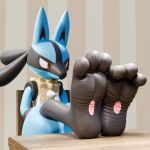 1:1 3d_(artwork) absurd_res alternate_version_at_source anthro big_feet black_body black_fur blue_body blue_fur canid canine digital_media_(artwork) feet feet_on_table feet_up feetymcfoot foot_fetish foot_focus fur generation_4_pokemon hi_res long_ears lucario male mammal nintendo nude pawpads paws pink_pawpads plantigrade pokemon pokemon_(species) red_eyes soles solo spikes tail toe_scrunch toes wrinkled_feet wrinkles