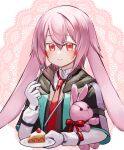  1boy animal_ears ansel_(arknights) arknights cake cake_slice food fork gloves highres jacket long_hair male_focus moribe_denkou necktie otoko_no_ko pink_hair plate rabbit_boy rabbit_ears red_eyes red_necktie solo stuffed_animal stuffed_toy upper_body white_gloves 