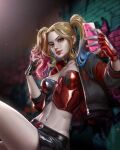  1girl artist_name blonde_hair blue_hair breasts choker dc_comics fingerless_gloves gloves graffiti harley_quinn highres holding holding_phone jacket looking_at_viewer midriff navel open_clothes open_jacket pale_skin phone pink_hair r_1_c_0 solo twintails 