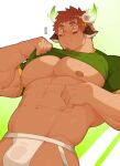  1boy abs animal_ears arataa_shin artist_name bara bare_pectorals blush brown_hair bulge closed_mouth clothes_lift cow_boy cow_ears cow_horns eye_black facial_hair fiery_horns forked_eyebrows glowing_horns goatee green_shirt highres horns jockstrap large_pectorals male_focus male_underwear muscular muscular_male navel nipples pectorals shirt shirt_lift short_hair solo thick_eyebrows tokyo_afterschool_summoners underwear wakan_tanka white_male_underwear 