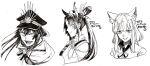  3girls animal_ear_fluff animal_ears breasts closed_mouth fate/grand_order fate_(series) greyscale hair_ornament hat looking_at_viewer monochrome multiple_girls neck_ribbon noz_2to oda_nobunaga_(fate) oda_nobunaga_(koha-ace) oda_uri open_mouth parted_bangs peaked_cap ponytail portrait ribbon simple_background small_breasts smile suzuka_gozen_(fate) ushiwakamaru_(fate) 