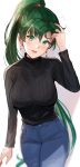  1girl absurdres arm_up bangs black_sweater blush breasts commentary denim earrings eyebrows_visible_through_hair fire_emblem fire_emblem:_the_blazing_blade green_eyes green_hair head_tilt high_ponytail highres jeans jewelry lips long_hair long_sleeves looking_at_viewer lyn_(fire_emblem) medium_breasts open_mouth ormille pants ponytail shiny shiny_hair shiny_skin simple_background smile solo sweater tied_hair white_background 