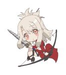  1girl arrow_(projectile) blonde_hair blush boots bow_(weapon) chibi closed_mouth fate/kaleid_liner_prisma_illya fate_(series) full_body hair_between_eyes holding holding_arrow holding_bow_(weapon) holding_weapon illyasviel_von_einzbern long_hair long_sleeves looking_at_viewer midriff official_art sidelocks simple_background sitting solo weapon white_background 