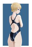  1girl ass black_one-piece_swimsuit blonde_hair blue_background blue_eyes chousokabe_k competition_swimsuit darjeeling_(girls_und_panzer) from_behind girls_und_panzer hair_bun highres nape one-piece_swimsuit short_hair solo swimsuit two-tone_background 