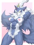 2023 5:4 abs anthro biceps blue_body breasts canid canine canis capcom captainjohkid crossgender darkstalkers female fur genitals hi_res jon_talbain looking_at_viewer mammal muscular muscular_female nude pose pussy simple_background solo stretching were werecanid werecanine werewolf white_body wolf