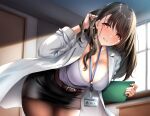  1girl absurdres amagasa_ikuta belt black_skirt blush breasts brown_hair brown_pantyhose cleavage clipboard coat collarbone cowboy_shot doctor grey_shirt grin hair_tucking highres lab_coat large_breasts leaning_forward long_hair long_sleeves looking_at_viewer non-web_source orange_eyes original pantyhose pencil_skirt shirt skirt smile solo white_coat 