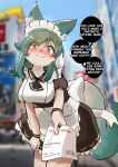 2023 accessory alterkyon anthro apron blurred_background blush breasts clothing dialogue digital_media_(artwork) domestic_cat dress felid feline felis female gloves green_hair hair hair_accessory hairclip handwear hi_res holding_object holding_paper looking_at_viewer maid_uniform mammal outside paper smile solo tail uniform