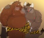 2024 anthro araiguma_11 balls belly big_belly blush bodily_fluids bound bovid bovine brown_body bulge cattle clothing duo equid equine erection genitals horse kemono male male/male mammal moobs musclegut nipples overweight overweight_male penis scar setsubun simple_background sweat underwear weapon