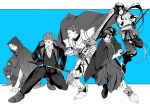  1girl 4boys armor arondight_(fate) blue_theme cloak coat fate/grand_order fate_(series) fingerless_gloves fishnets floating gauntlets gloves greyscale grin hair_over_one_eye holding holding_sword holding_weapon hood hooded_cloak jacket japanese_clothes katana kimono lancelot_(fate/grand_order) looking_ahead mochizuki_chiyome_(fate) monochrome multiple_boys ninja noz_2to okada_izou_(fate) pants parted_lips ponytail robin_hood_(fate) rope saitou_hajime_(fate) scarf shimenawa short_hair simple_background single_glove sleeveless sleeveless_kimono smile spiked_hair spot_color squatting sword weapon wrist_wrap 