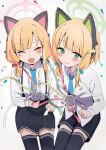 2girls animal_ear_headphones animal_ears black_shorts black_skirt black_thighhighs blonde_hair blue_archive blue_bow blue_necktie blush bow collared_shirt fake_animal_ears green_eyes green_halo hair_bow halo headphones highres kure_(kure_ng) long_sleeves midori_(blue_archive) momoi_(blue_archive) multiple_girls necktie open_mouth pink_halo pleated_skirt red_bow shirt short_hair shorts siblings simple_background sisters skirt smile thighhighs twins white_background white_shirt 