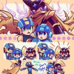  4boys android bass.exe_(mega_man) bass_(mega_man) black_hair black_headwear blue_eyes blue_headwear brown_cape cape closed_eyes english_text flying_sweatdrops green_eyes helmet highres laser-lance looking_at_another male_focus mega_man_(character) mega_man_(classic) mega_man_(series) mega_man_battle_network_(series) megaman.exe multiple_boys netnavi open_mouth red_eyes robot short_hair speech_bubble teeth torn_cape torn_clothes upper_teeth_only 