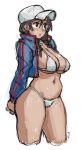  1girl alternate_hairstyle arms_behind_back baseball_cap belly bikini blue_jacket braid breasts brown_hair cleavage cropped_jacket cropped_legs d.va_(overwatch) hat highres jacket large_breasts lips mariel_cartwright navel overwatch shooting_star_d.va sketch solo spaghetti_strap swimsuit thighs twin_braids underboob white_bikini white_headwear 