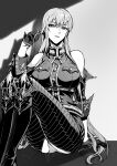  1girl absurdres arm_support bare_shoulders breasts bu_ruo1996_(caricaturist) gloves greyscale half_gloves highres large_breasts long_hair looking_at_viewer military_uniform monochrome selvaria_bles senjou_no_valkyria_(series) senjou_no_valkyria_1 sitting solo uniform very_long_hair 